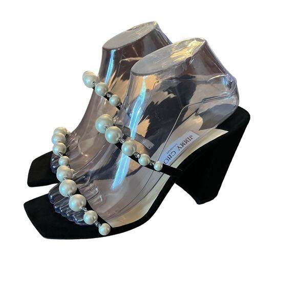 Jimmy Choo Amara 85mm Pearl Straps Suede Block Heels Mules NEW EU 35.5 US 5.5 - Picture 3 of 14